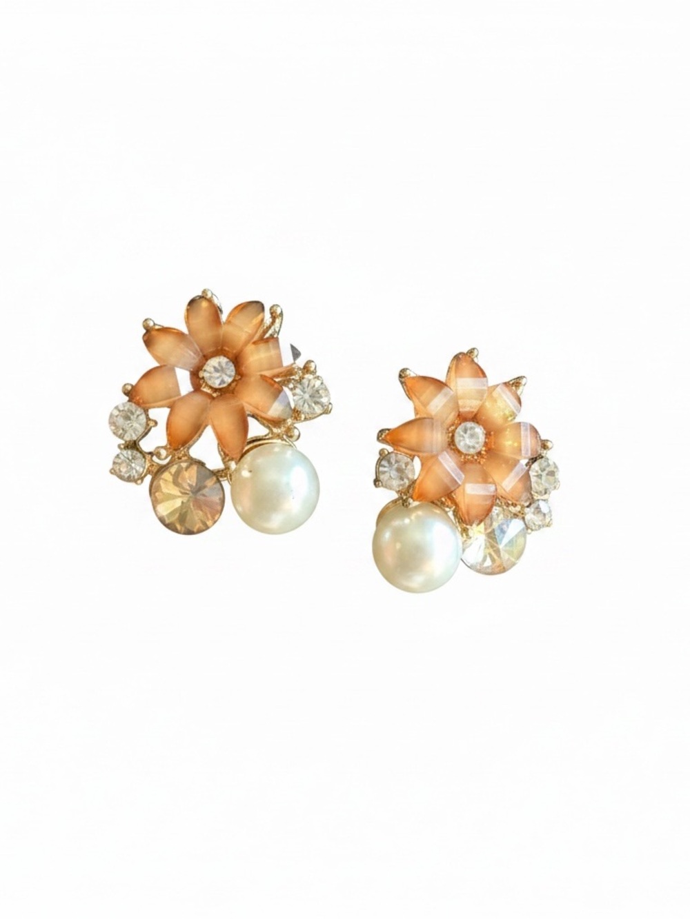 Gold Tone Peach Floral Faux Pearl & Crystal Cluster Stud Earrings